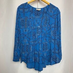 Style & Co.Womenʻs Boho Blue Floral Long Sleeve Split Neck Blouse Petite large